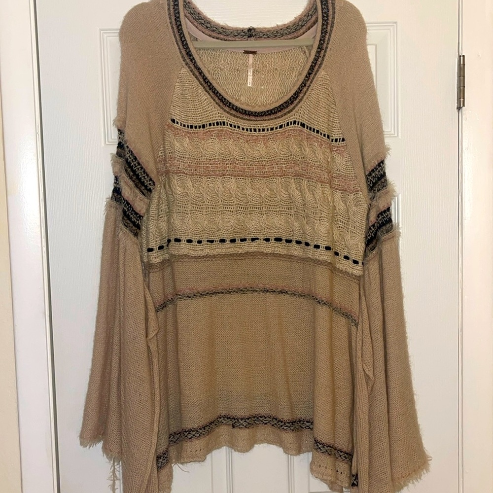 Free People Beige & Cream Oversized Knit Scoop Neck Sweater